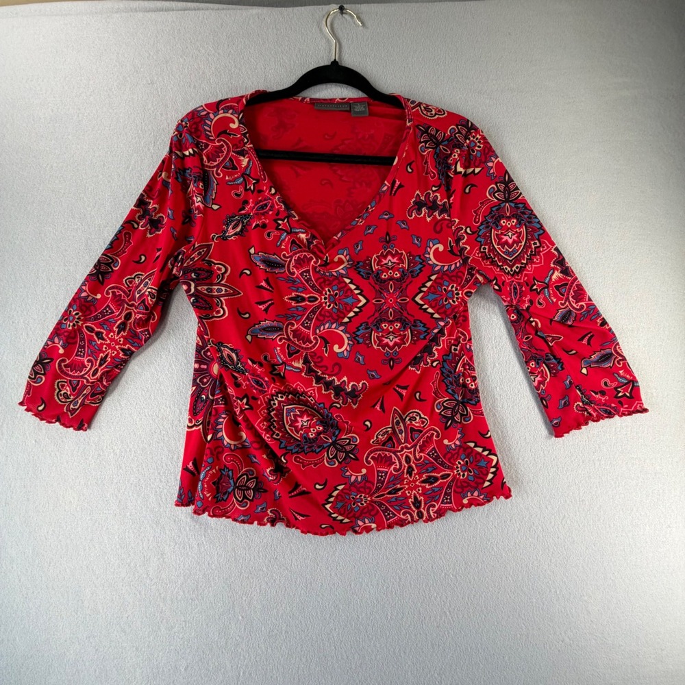 Women's Red Paisley Sheer Mesh Blouse L Y2K Boho V Neck 3/4 Sleeve Lettuce Hem